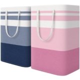 HomeHacks 2 Pack Large Laundry Baskets, Waterproof, Freestanding Laundry Hampers, Collapsible Clothes Hamper with Reinforced Handles in Laundry, College Dorm, Bathroom, Bedroom (Blue+Pink, 75Lx2)