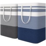 HomeHacks 2 Pack Large Laundry Baskets, Waterproof, Freestanding Laundry Hampers, Collapsible Clothes Hamper with Reinforced Handles in Laundry, College Dorm, Bathroom, Bedroom (Grey+Blue, 75Lx2)