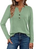 WYNNQUE Womens Long Sleeve Shirts Business Casual Outfits Dressy Tops Blouses Henley V Neck Fall Clothes